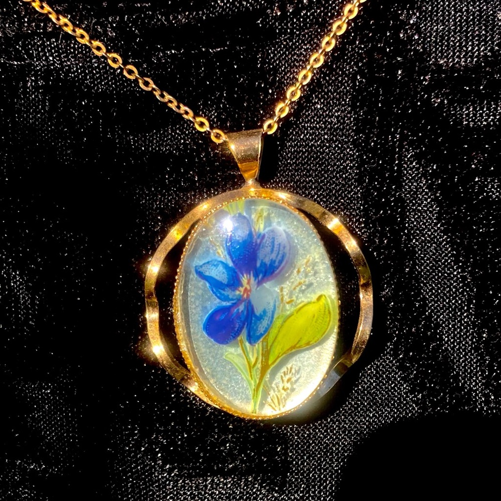 Vintage Blue Flower Violet Iris Reverse Painted Pendant Necklace 18"